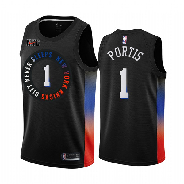 Men's New York Knicks #1 Bobby Portis Black NBA City Edition New Uniform 2020-21 Stitched Jersey Men's New York Knicks #1 Bobby Portis Black NBA City Edition New Uniform 2020-21 Stitched Jersey